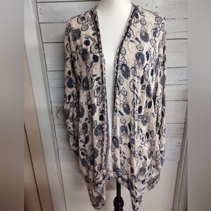 ANGIE Kimono Navy And Beige Floral, Womens Size Medium, Open Front Cardigan